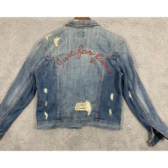 American Eagle (M) Blue Jean Denim Jacket Floral Wearable Art Distressed Pockets - Picture 11 of 16